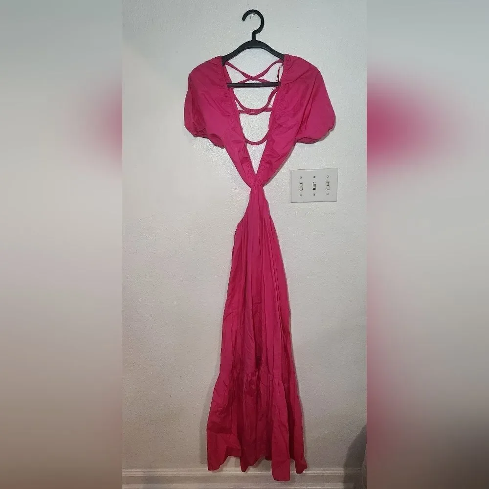 Zara Poplin Cut-off Puff-Sleeve Fucsia Dress Size Small - Picture 2 of 12